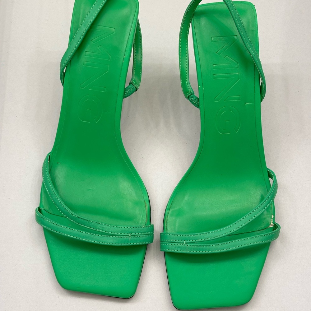 MANGO Green Triangle Heels Strappy Sandals Square Toe Size 9 - Picture 10 of 14